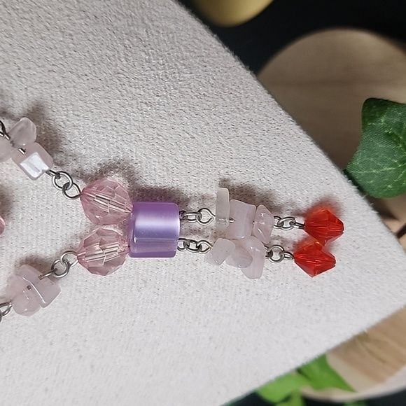 Silver Natural Stone Pink Quartz Glass Acrylic Bead Necklace Earrings Set - Picture 8 of 11